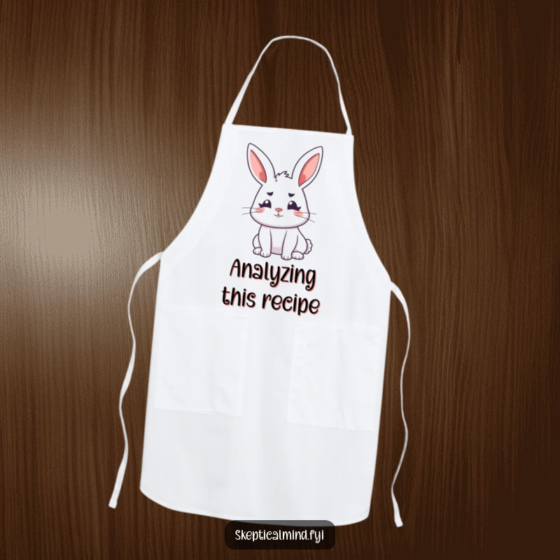 Funny bunny apron depicting a perky rabbit with ears perked and furrowed brows, ready for kitchen contemplation.