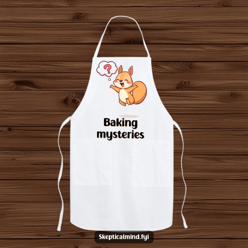 Funny squirrel apron showing a cheerful squirrel leaping with a question mark cloud above, perfect for curious cooks.