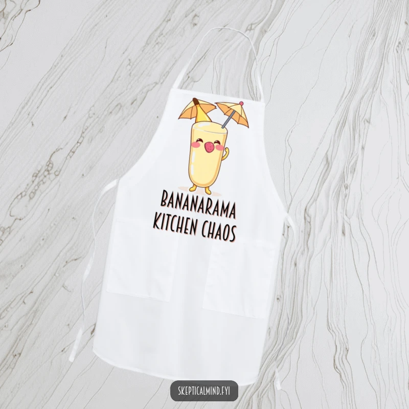 Funny Banana smoothie character blowing a raspberry on a tiny umbrella, designed for a functional and funny apron.