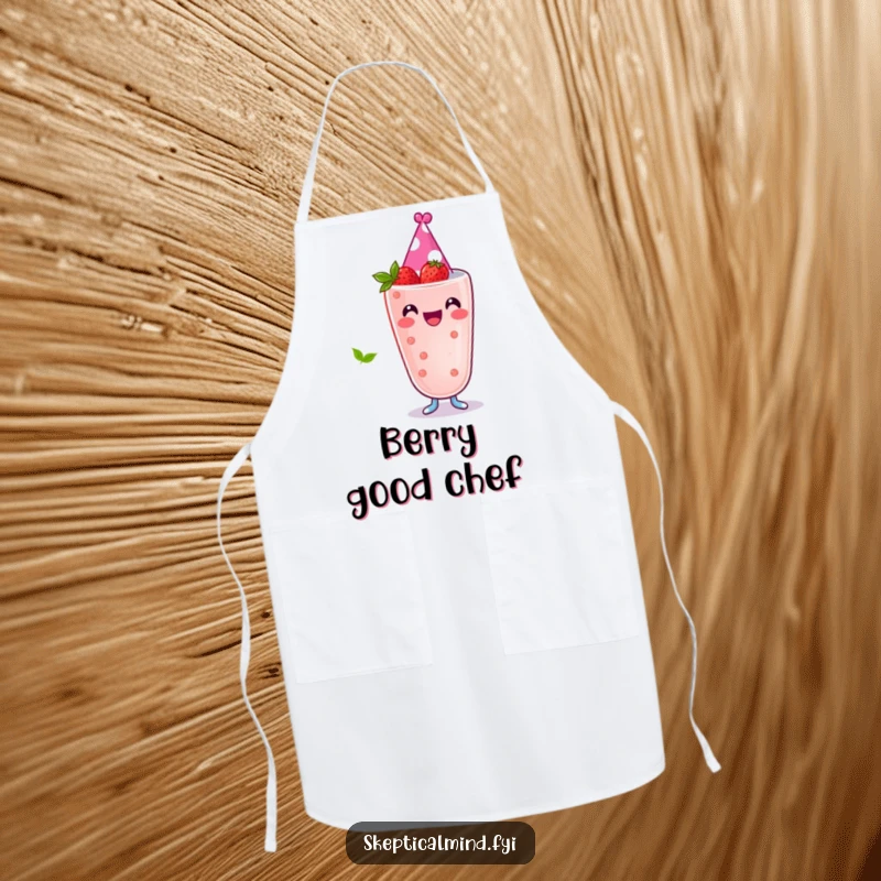 Funny apron featuring a joyful berry smoothie character wearing a tiny party hat, ready for festive cooking and baking.
