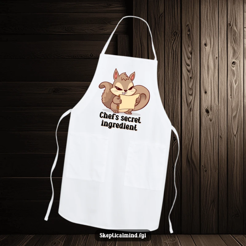 Funny squirrel apron for cooking, showing a mischievous squirrel slyly holding a secret scroll, great for kitchen humor.