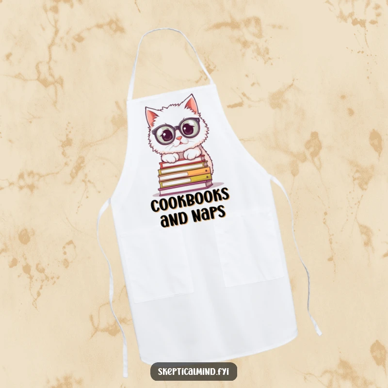 Funny Apron: A fluffy cat wearing large spectacles peers over books, bringing humorous intellect and protection to the kitchen.