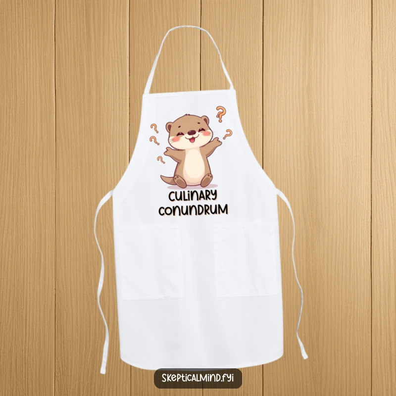 Funny otter apron depicting a playful otter juggling question marks with a smirk, ready for kitchen puzzles.