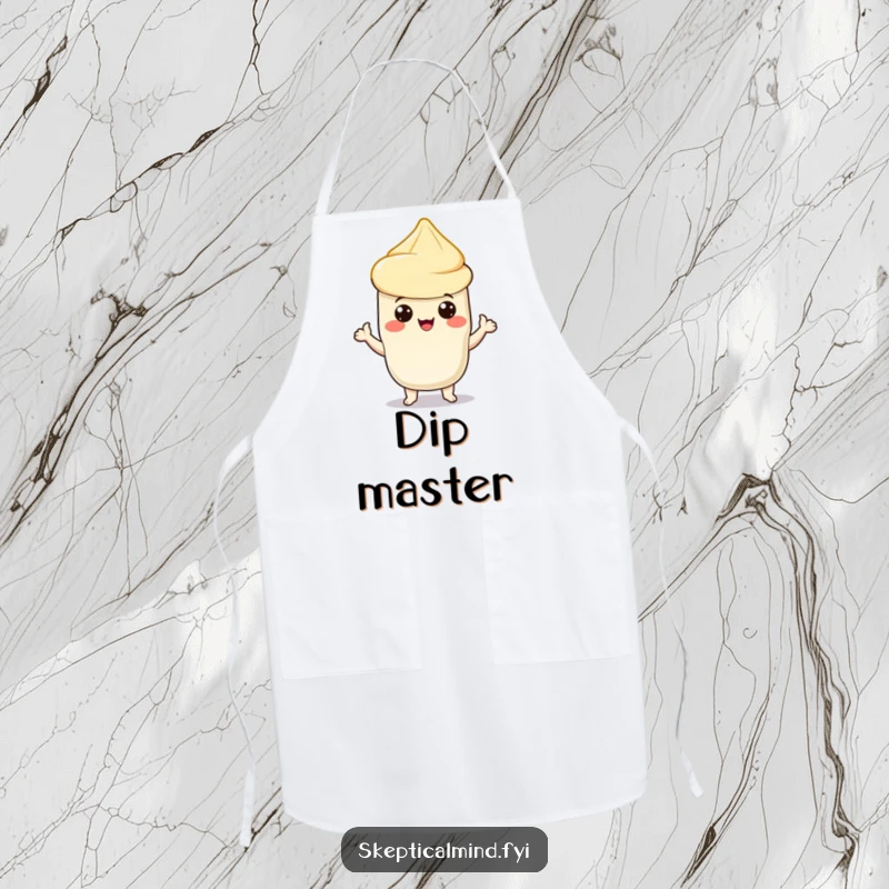 Funny apron with a proud sour cream character holding a chip, perfect for chefs and home cooks who love to add humor to cooking.