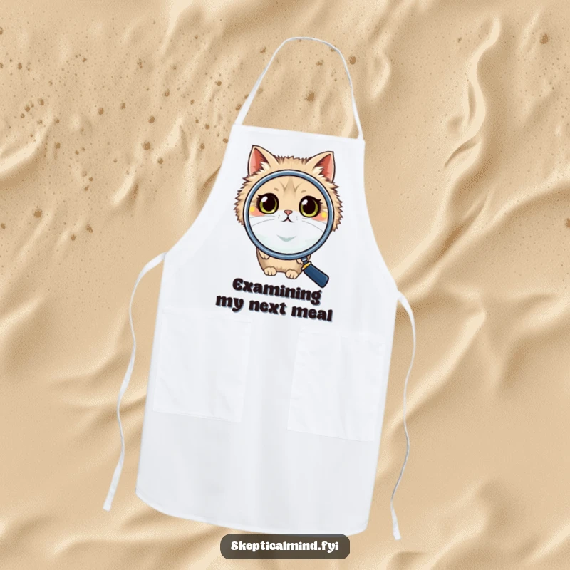 Funny cat apron showcasing a fluffy cat using a giant magnifying glass, its wide, curious eyes ready to inspect every dish with humor.