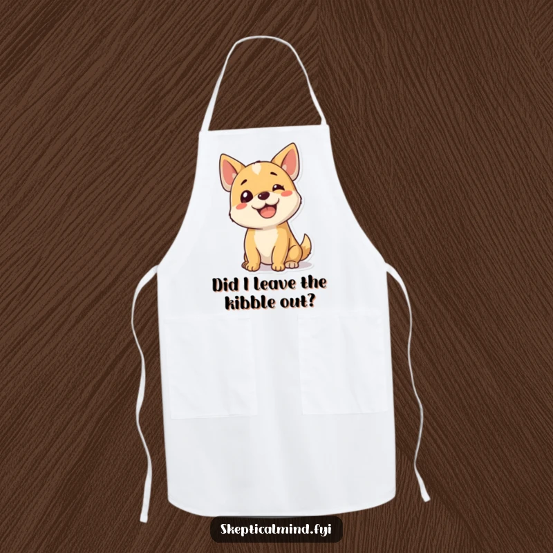 Funny dog apron with a smiling puppy tilting its head, expressing curiosity, perfect for cooking and dog enthusiasts.