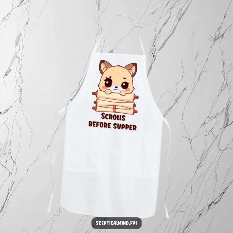 Funny Kawaii animal with a raised eyebrow, peeking over a pile of scrolls, ready to protect your clothes with a humorous, watchful gaze.