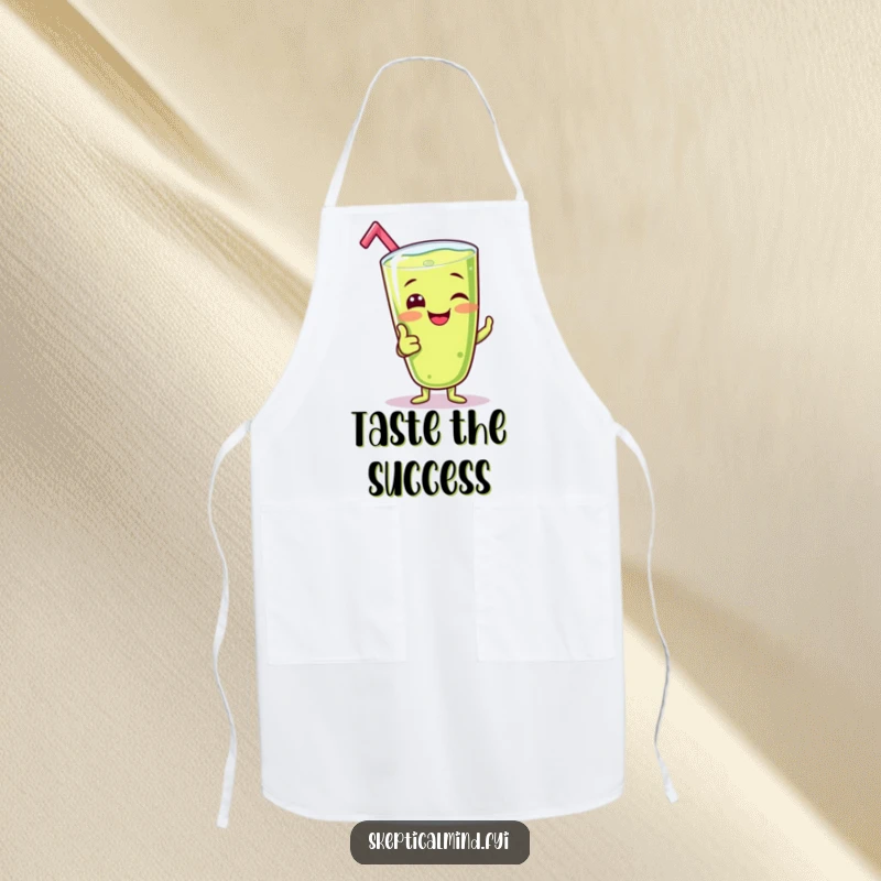 Funny apron featuring a giggling kiwi smoothie character giving a cheerful, silly thumbs-up, perfect for a fun-loving cook.