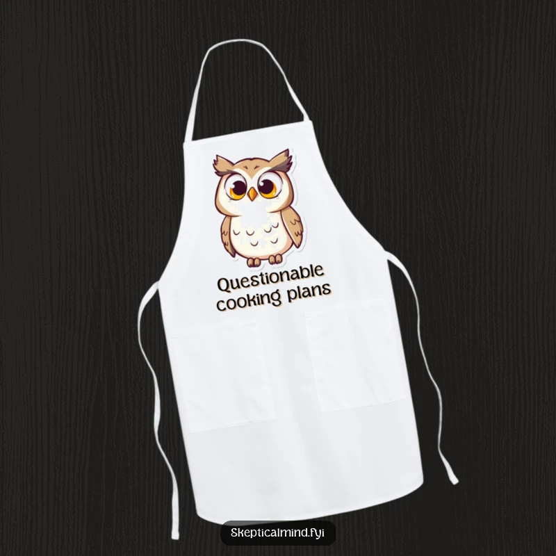 Funny Apron: A curious owl with wide, questioning eyes tilts its head, bringing humorous intellect and protection to the kitchen.