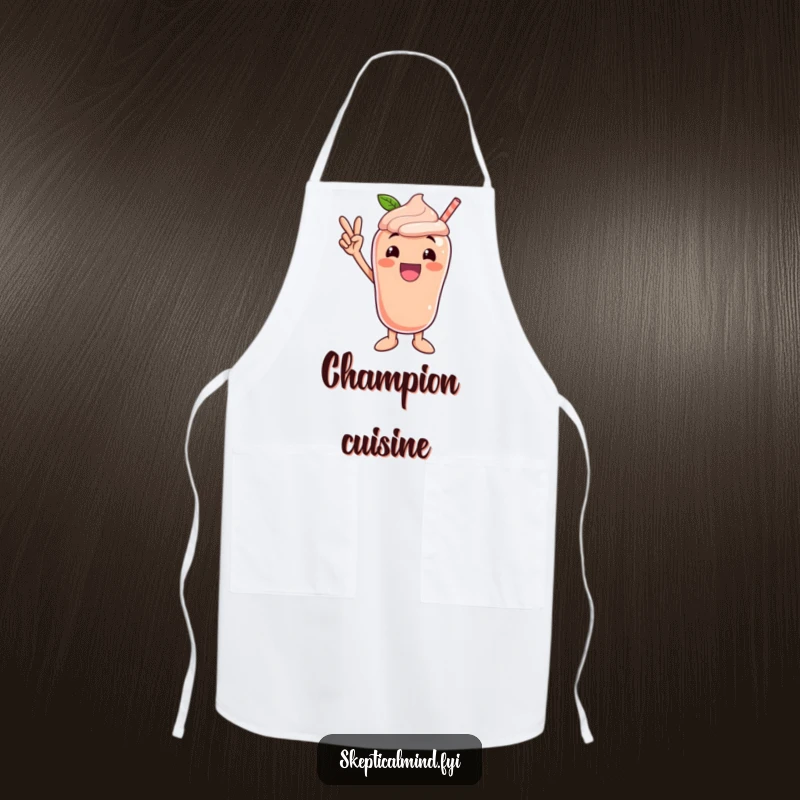 Funny apron featuring an excited peach smoothie character striking a victory pose, perfect for celebrating culinary wins.