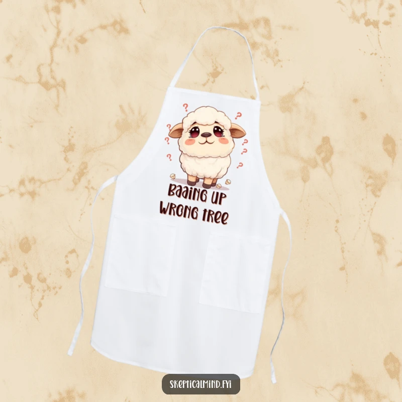 Funny sheep apron for cooking, showing a fluffy sheep with a furrowed brow surrounded by tiny doubts, great for kitchen thoughts.