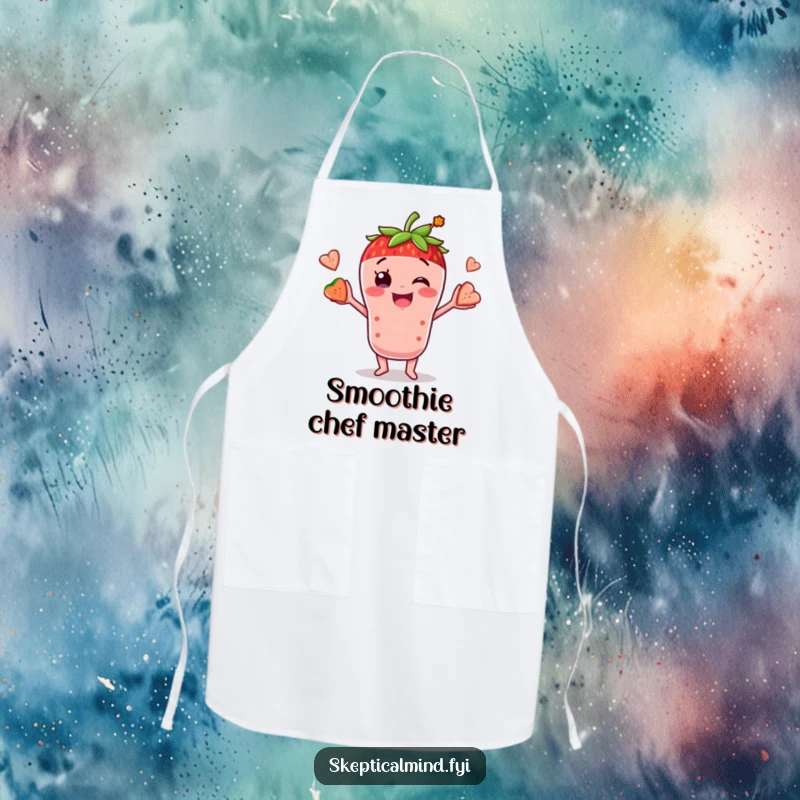 Funny apron featuring a smiling smoothie character juggling fruit, adding humor and charm to kitchen activities and smoothie preparation.