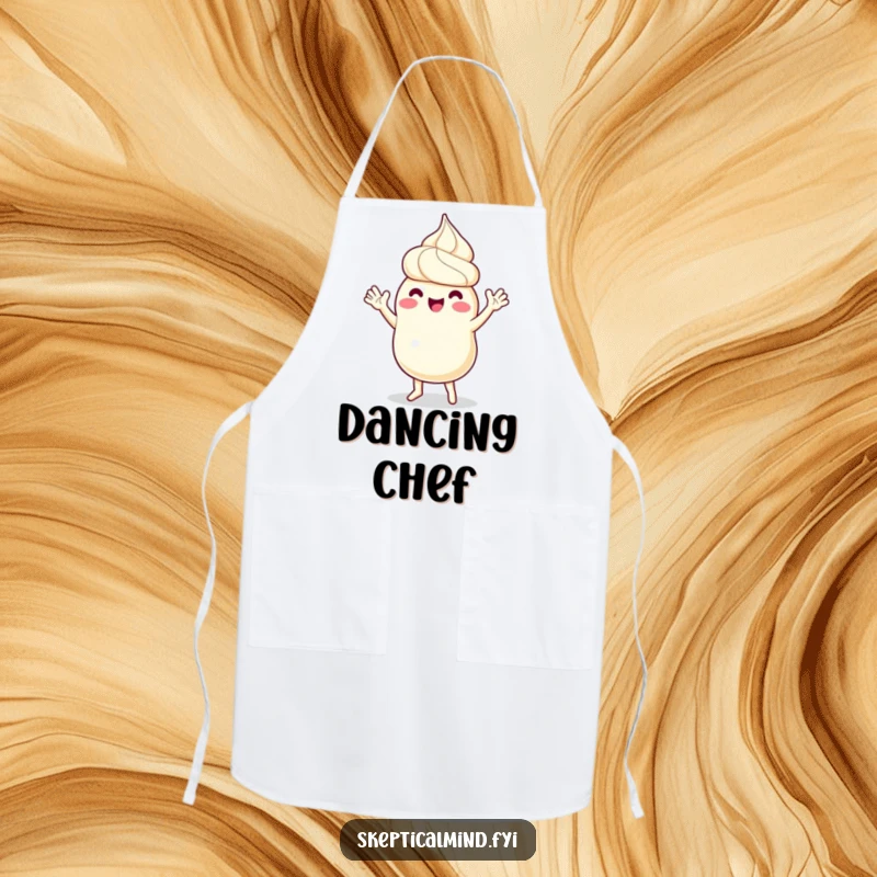Funny kitchen apron featuring a sour cream character in a happy dance, with tiny arms waving joyfully, perfect for adding fun to cooking.