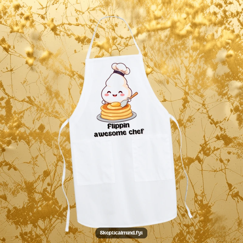 Funny apron with a happy sour cream character in a chef hat flipping a pancake, ready for humorous culinary tasks.