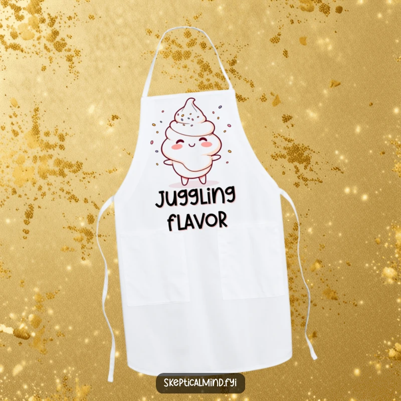 Funny apron with a smiling sour cream character juggling tiny sprinkles, ready for humorous baking tasks.