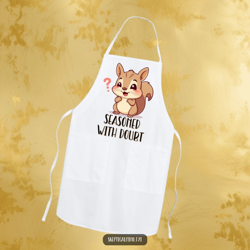 Funny apron showcasing a cheerful squirrel squinting at a small, confusing recipe symbol, ideal for a humorous cooking experience.