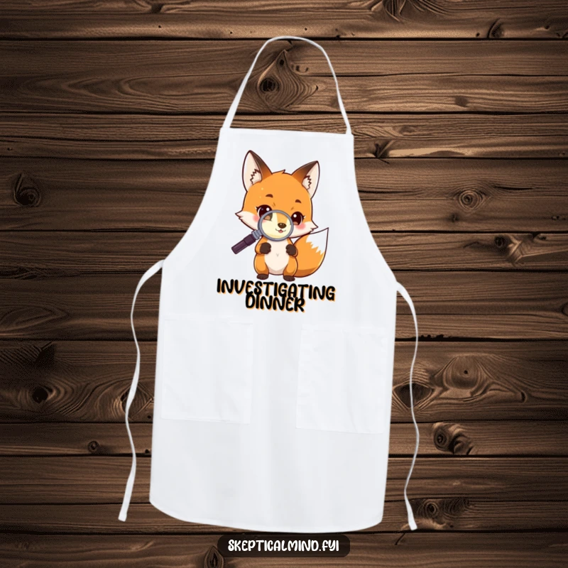 Funny Apron featuring a curious fox character using a magnifying glass to examine tiny glowing ingredients, perfect for the experimental cook.