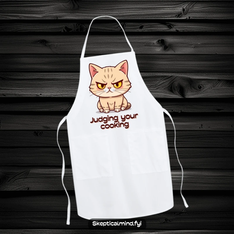 Funny Sassy Cat Apron showing a cat with one eyebrow raised, looking unimpressed yet amused, ideal for humorous and sassy kitchen attire.