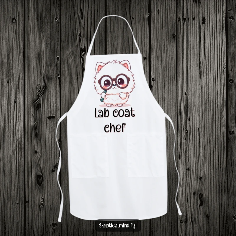 Funny apron with a fluffy Kawaii animal in oversized glasses, looking through a magnifying glass with a questioning expression. Kitchen curiosity.