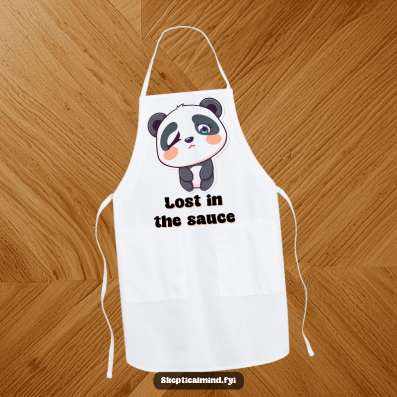 Funny confused panda apron showing a panda tilting its head with a questioning, raised eyebrow, ready for cooking.
