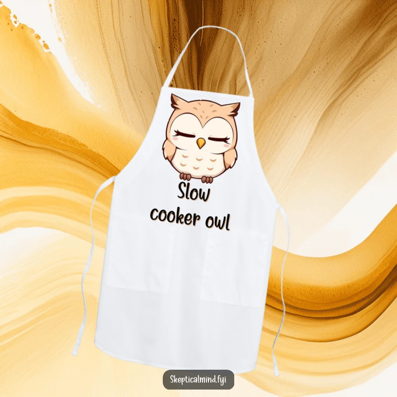 Funny Apron with a sleepy owl character tilting its head quizzically while blinking slowly, perfect for thoughtful cooks.