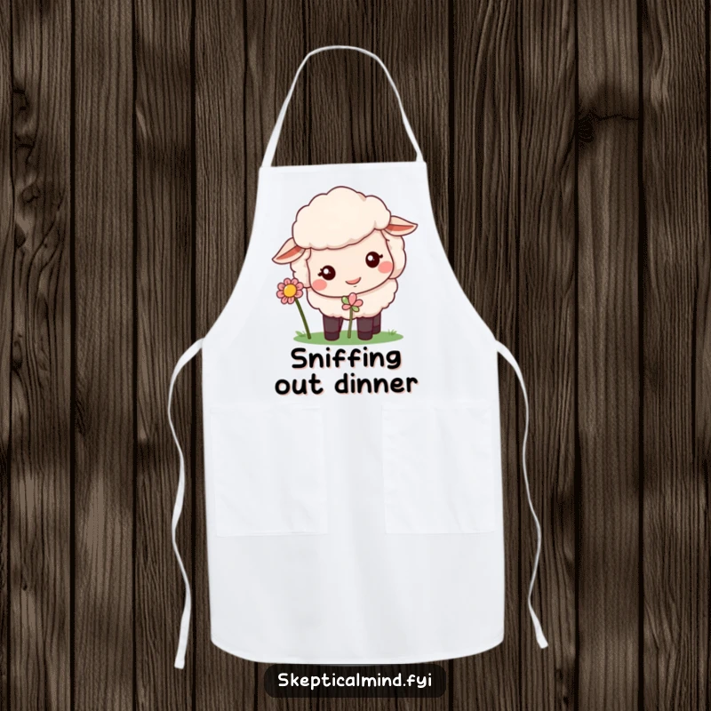Funny apron with a quizzical sheep character sniffing a flower while ready to cook.