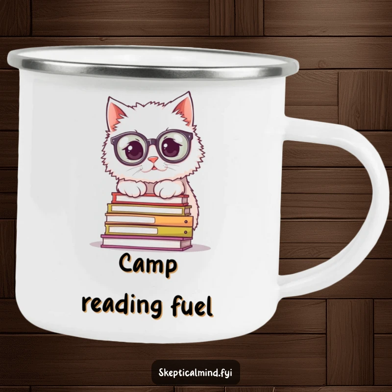 Funny Camping Mug: A fluffy cat wearing large spectacles peeks over books, ready for outdoor brews with scholarly humor.