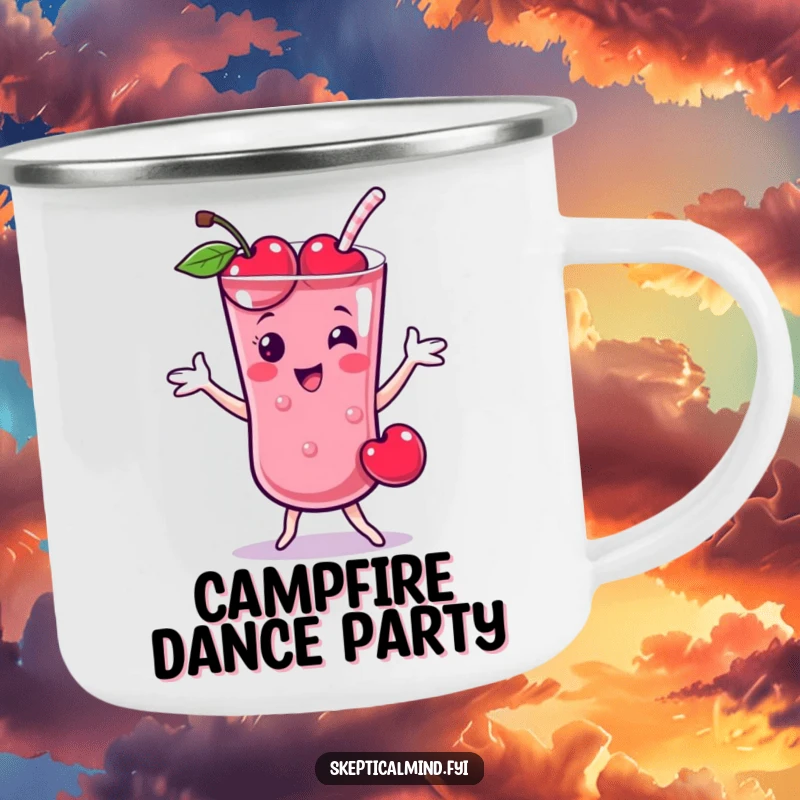 Funny Cherry smoothie character doing a playful dance, printed on a durable and funny camping mug.