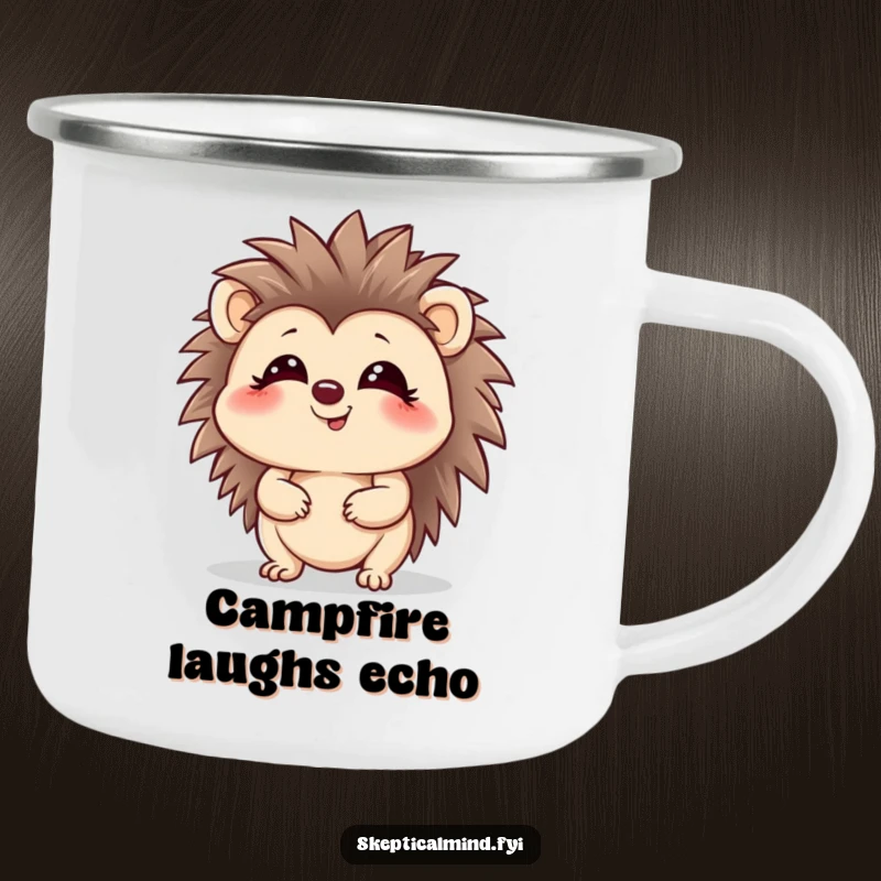 Funny hedgehog camping mug with a giggling character looking up with a playful glint, perfect for outdoor use.