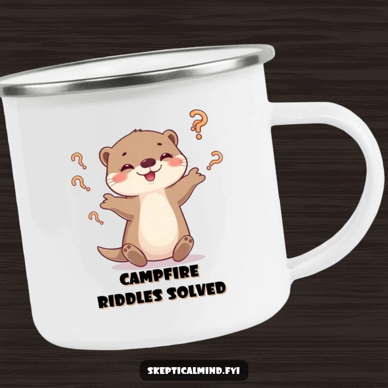 Funny otter camping mug showing a playful otter juggling question marks with a smirk, ready for outdoor reflection.