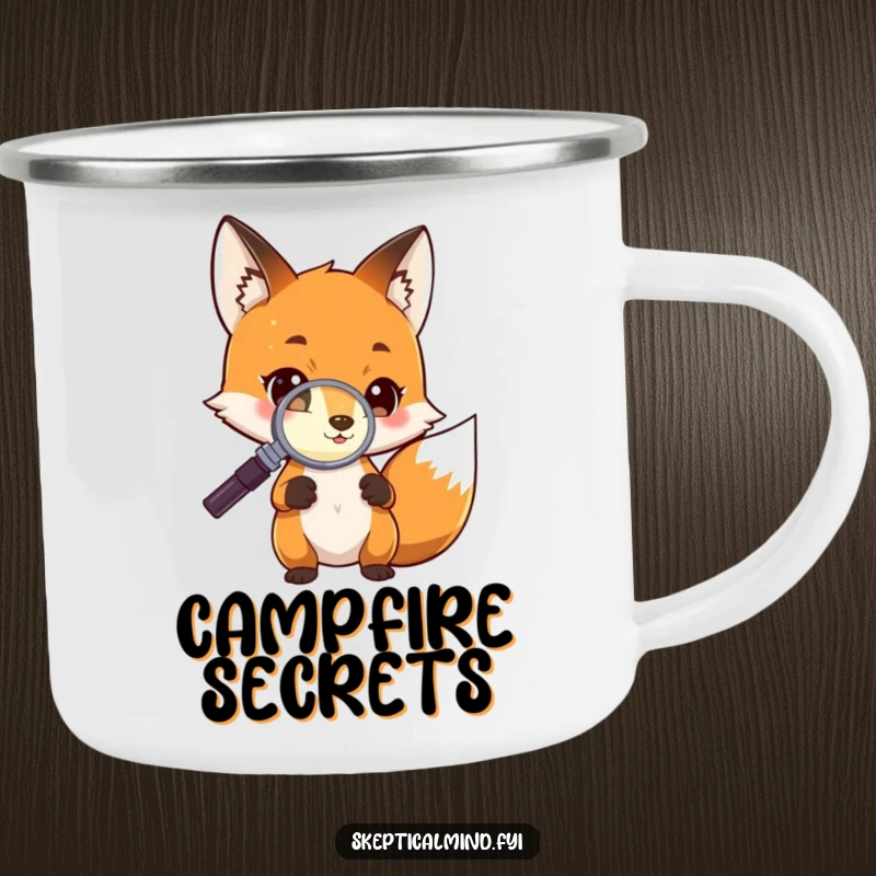 Funny Camping Mug showing a curious fox character using a magnifying glass to inspect a tiny glowing object in nature, perfect for adventurers.