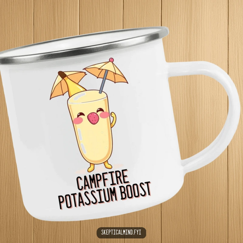 Funny Banana smoothie character blowing a raspberry on a tiny umbrella, printed on a durable camping mug.