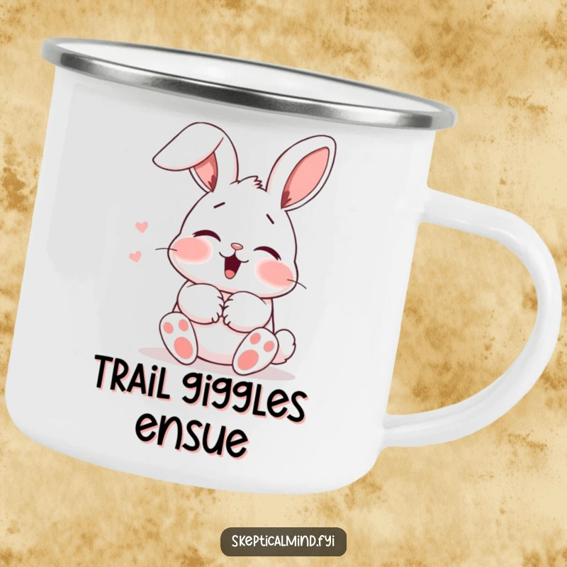 Funny Camping Mug: A blushing bunny giggles shyly behind its paws, ears flopped, bringing cute vibes to the outdoors.