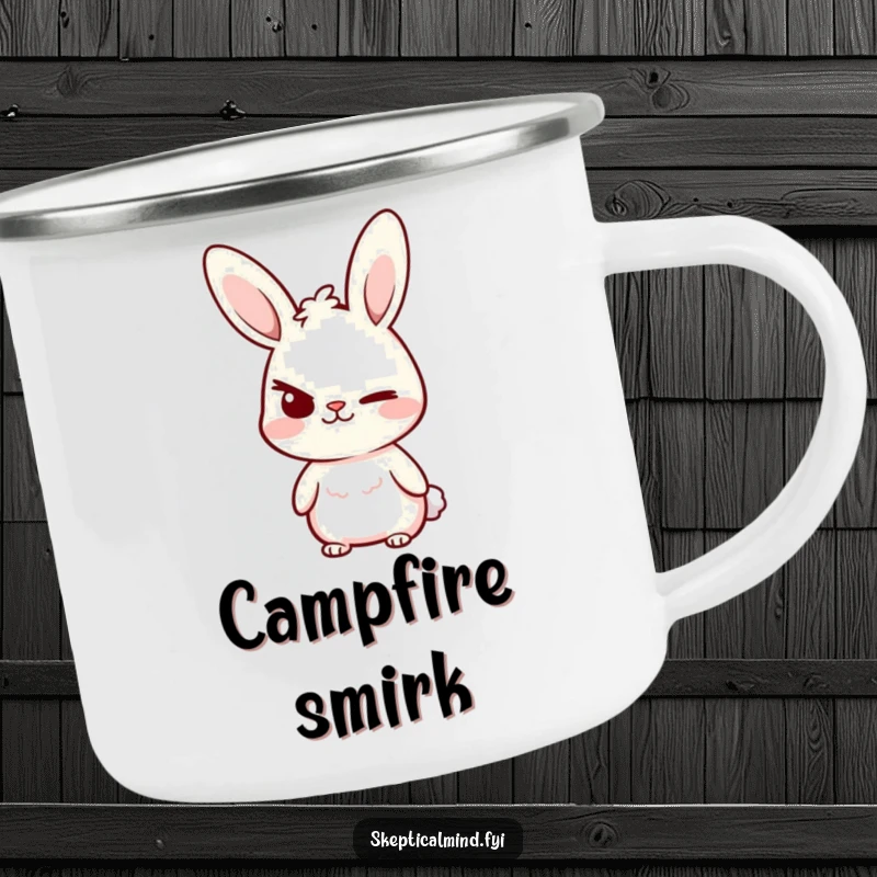 Funny Camping Mug showing a small bunny character with a confident smirk and a raised eyebrow, ready for outdoor fun.