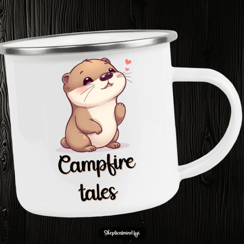 Funny camping mug featuring a giggling otter with its head tilted, listening intently to a faint whisper, ready for outdoor fun.
