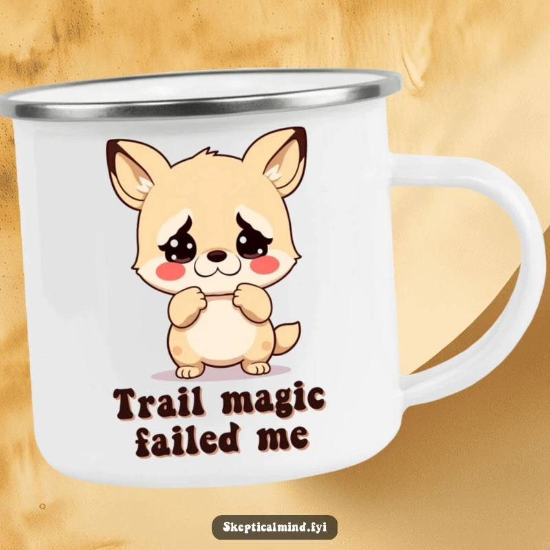 Funny camping mug showcasing a kawaii animal shrugging with exaggerated disbelief, perfect for holding drinks during humorous outdoor experiences.