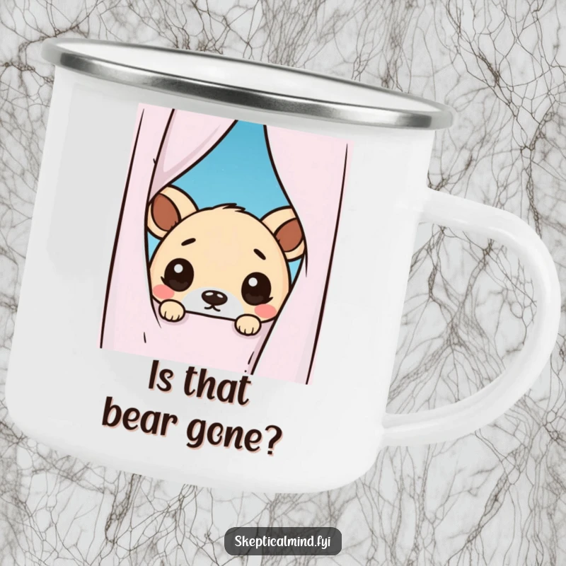 Funny camping mug featuring a kawaii animal peeking from behind a curtain, its doubtful eyes adding a humorous touch to outdoor adventures.