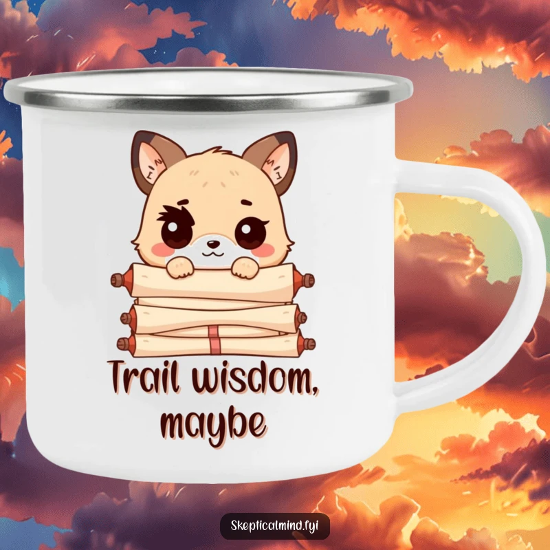 Funny Kawaii animal with a raised eyebrow, peeking over a pile of scrolls, bringing a humorous, observant spirit to this durable camping mug.