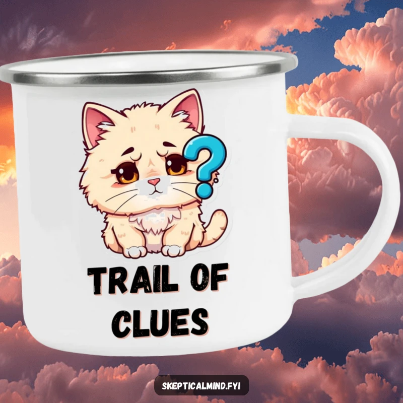 Funny camping mug featuring a fluffy cat looking perplexed at a question mark icon, ready for outdoor contemplation and hot beverages.