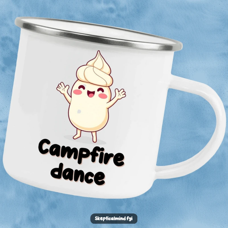 Funny camping mug showing a sour cream character in a happy dance, with tiny arms waving joyfully, ideal for outdoor enjoyment.