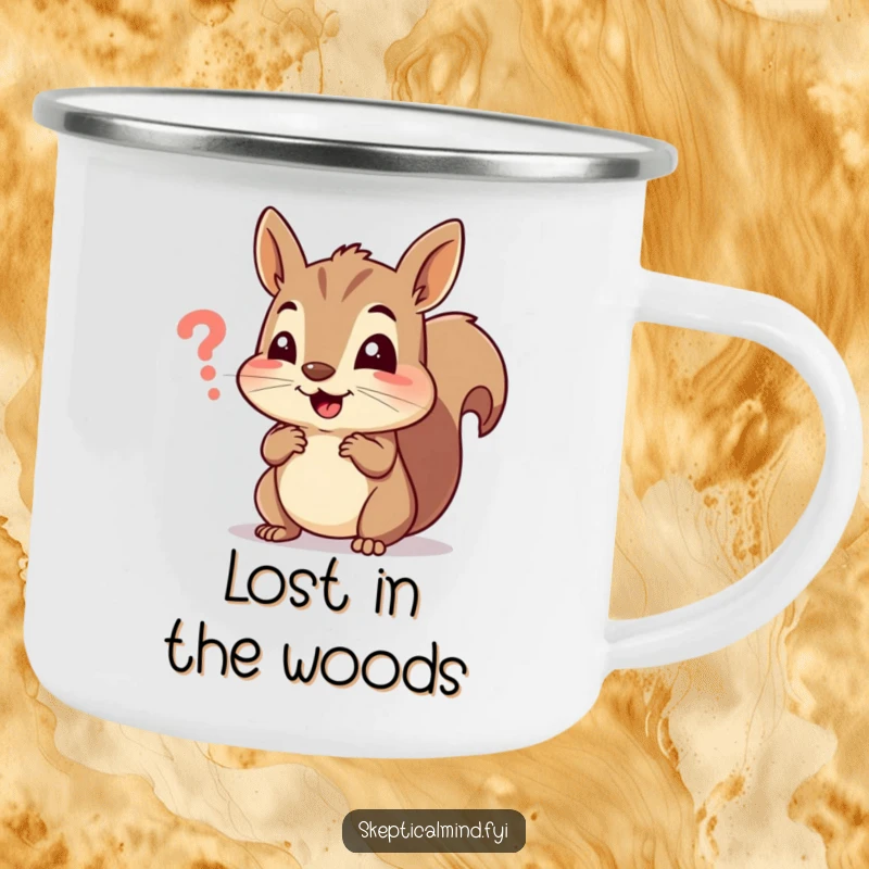 Funny camping mug with a cheerful squirrel squinting at a small, confusing symbol, designed for durable outdoor humor.