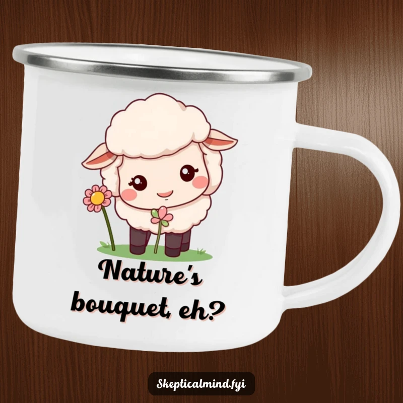 Funny camping mug featuring a quizzical sheep curiously sniffing a flower in an outdoor setting.