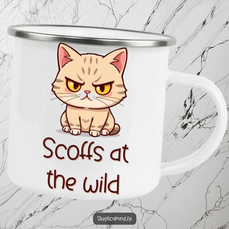 Funny Sassy Cat Camping Mug with a cat with one eyebrow raised, looking unimpressed yet amused, perfect for rustic and sassy sipping.