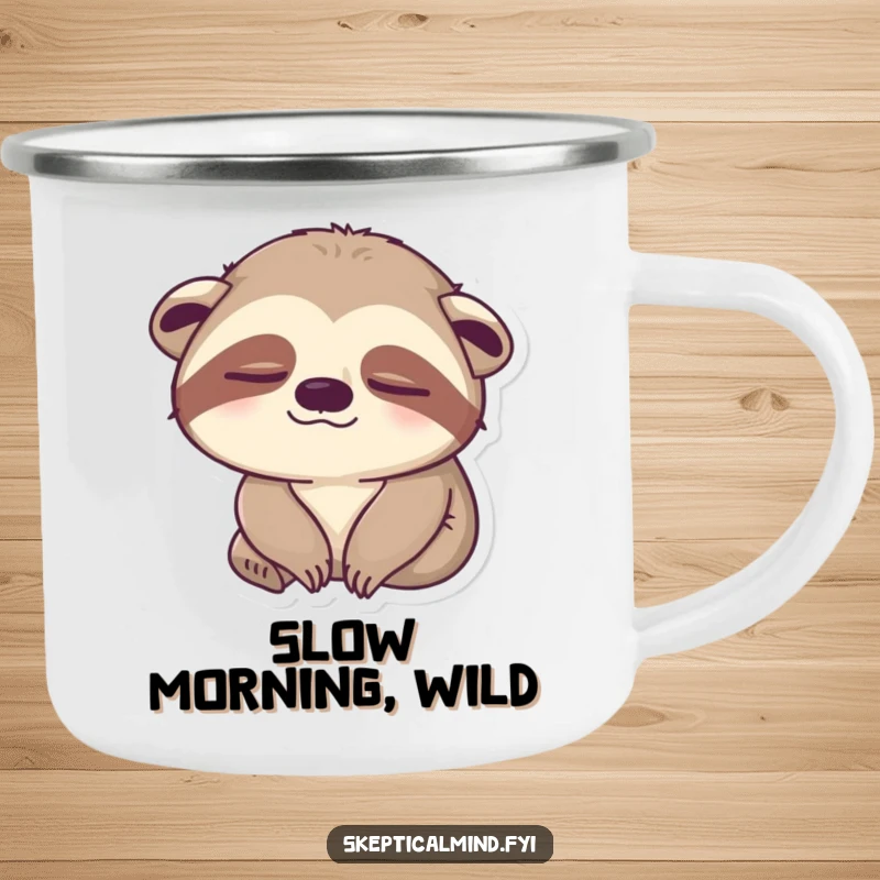 Funny sloth camping mug featuring a sleepy sloth slowly blinking one eye with a hilariously unimpressed look, perfect for slow-paced outdoor enjoyment.