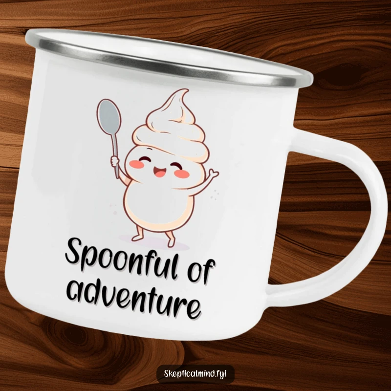 Funny enamel camping mug featuring a giggling sour cream character doing a silly spoon dance, ideal for campfire chuckles.