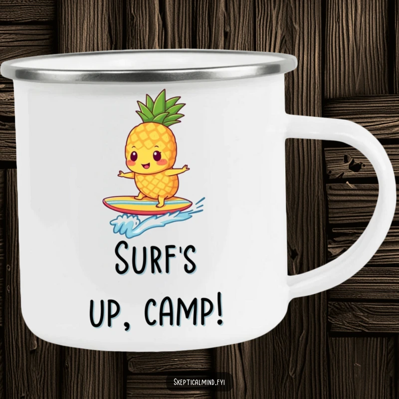 Funny pineapple smoothie character enjoying the outdoors on a surfboard, featured on a durable camping mug.