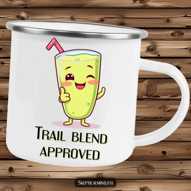 Funny camping mug with a giggling kiwi smoothie character giving a silly thumbs-up, perfect for enjoying drinks outdoors with cheer.