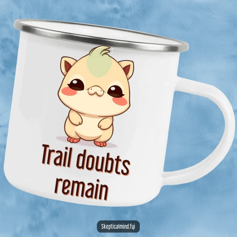 Funny small Kawaii creature tilting its head with a comically skeptical expression, featured on a rugged camping mug for outdoor questioning.