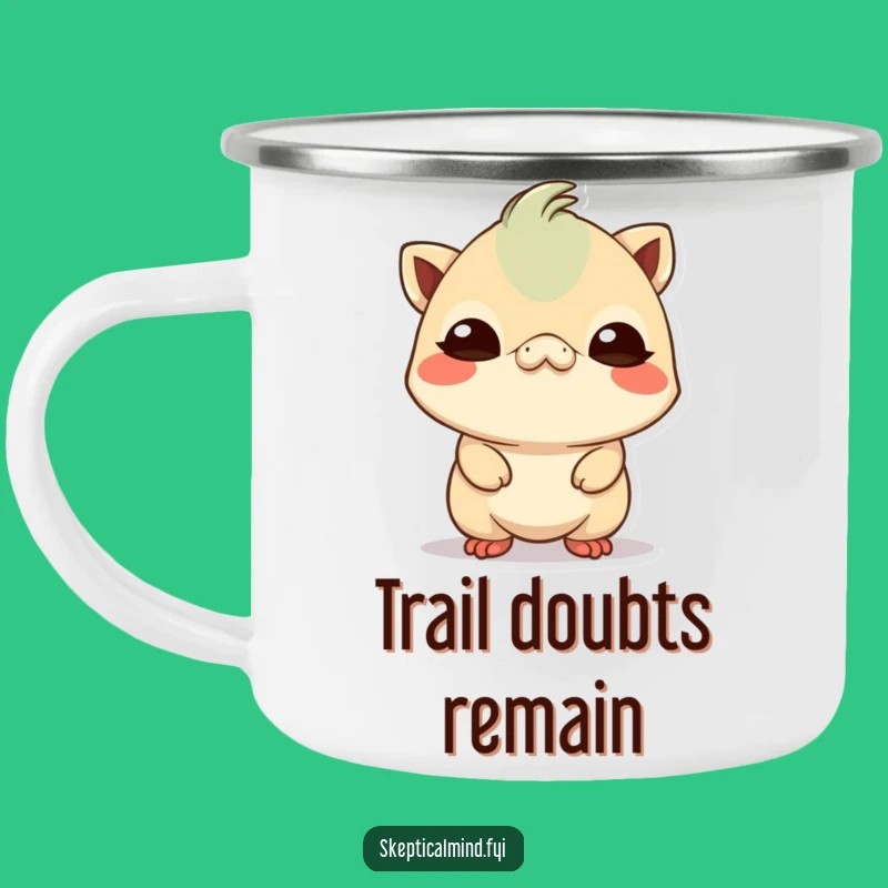 Funny Skeptical Kawaii Creature Camping Mug: Adventure with a Doubtful Look