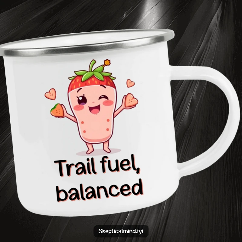 Funny, durable camping mug with a strawberry smoothie character juggling fruit, perfect for outdoor trips and fruity humor.
